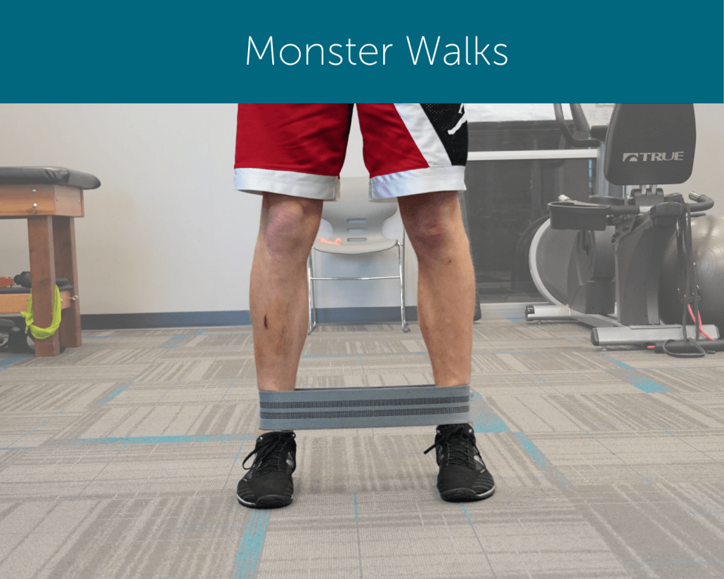 Orthopedic Institute physical therapist demonstrates how to perform a monster walk using a resistance band.